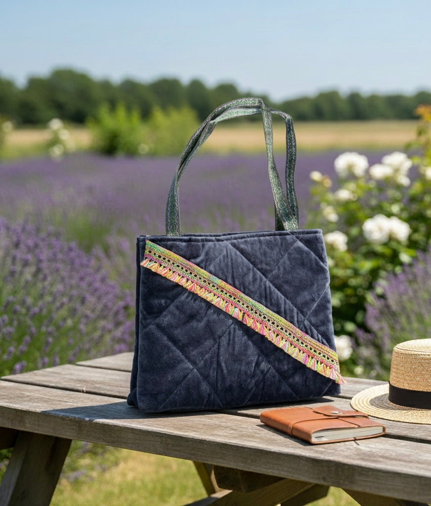 Sac Velours Noir à Galon Brodé