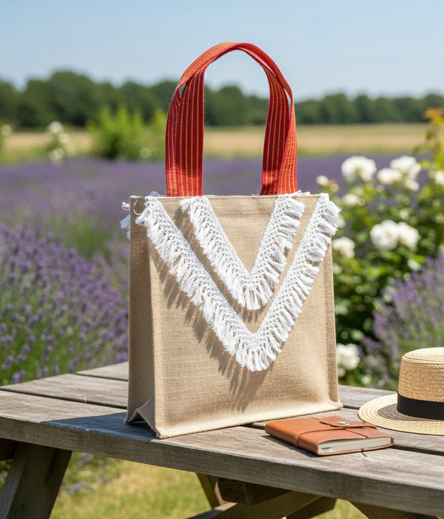 Tote bag en Toile de Jute avec Macramé en V