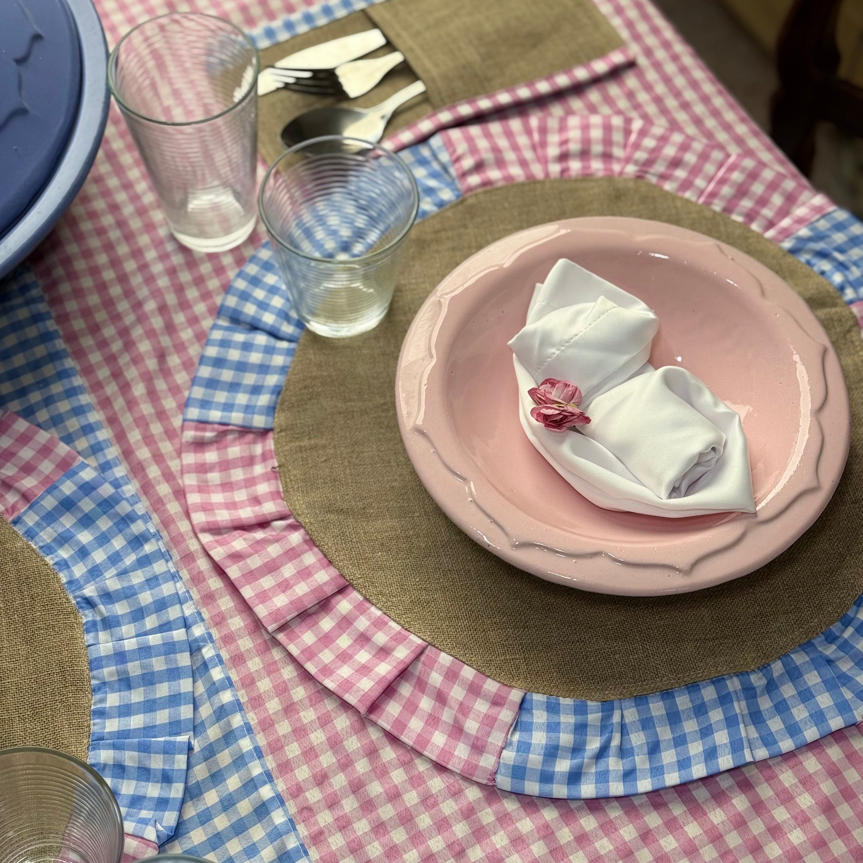 Série de table vichy bleu/rose
